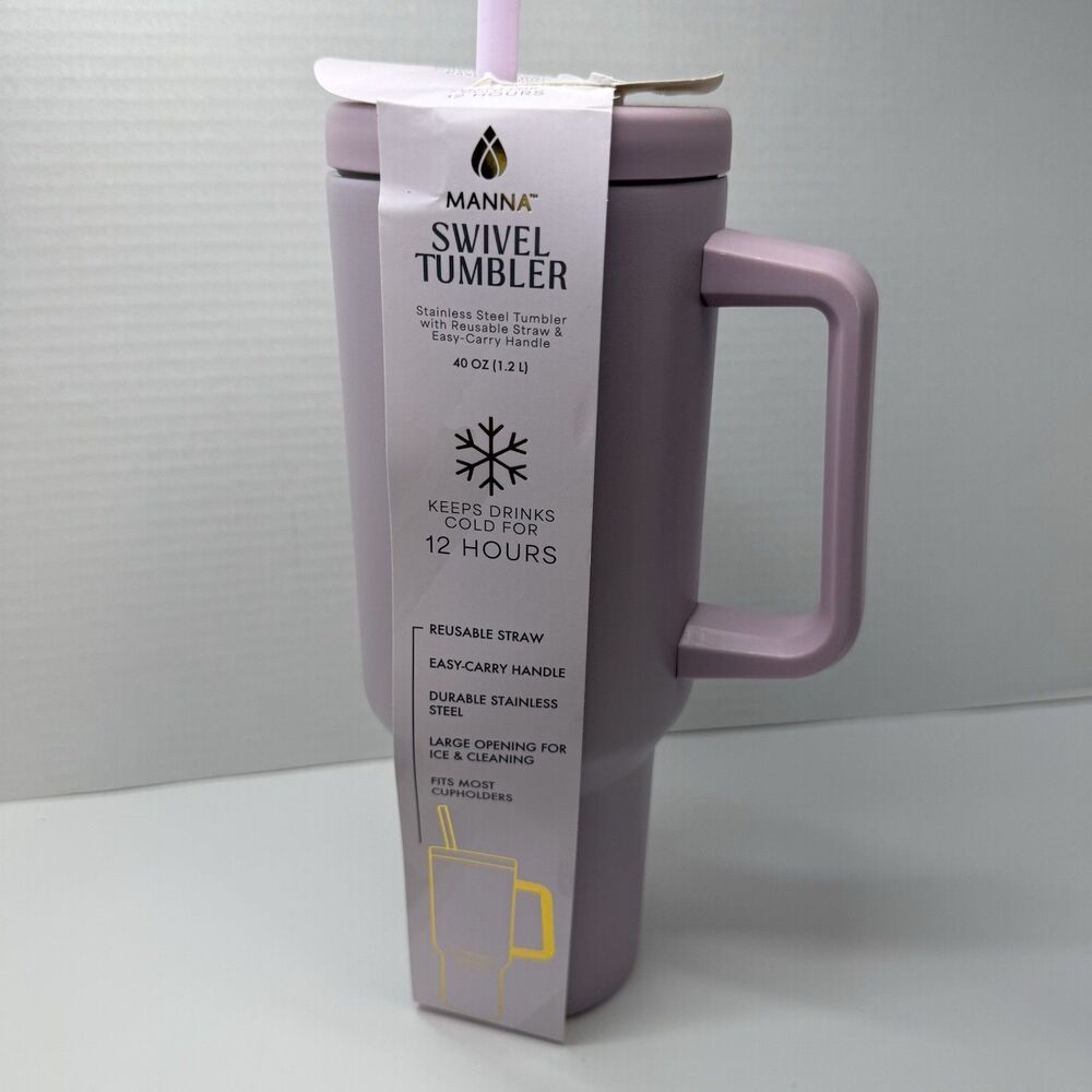 MANNA Easy Carry Handle Stainless Steel Tumbler Lilac 40 Oz Reusable Straw New